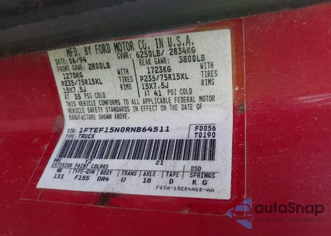 1994 Ford F150 z USA, uszkodzony, nr VIN 1FTEF15N0RNB64511